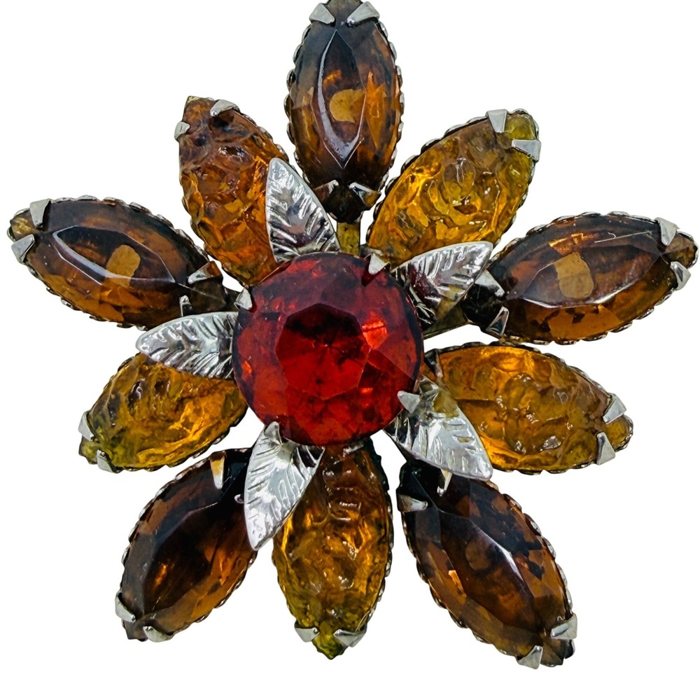 Vintage Molded Glass Flower Brooch Rhinestone Sunburst Silver Tone‎ Pin